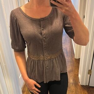 Women's Brown Work Lace Button-Up Top Small Medium Large